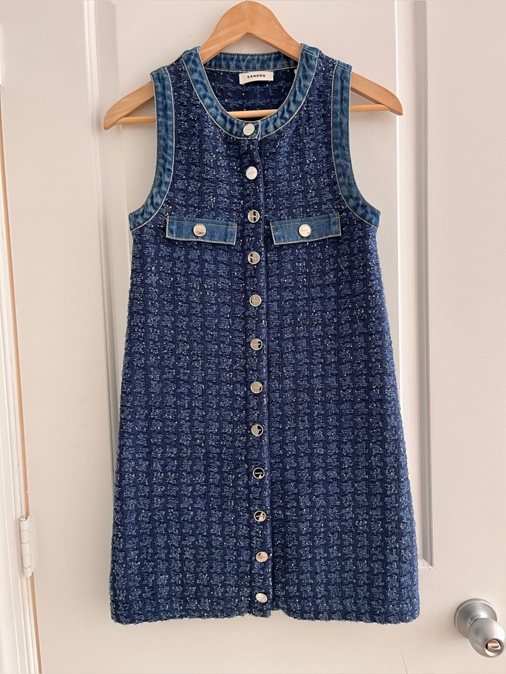 Sandro Navy Tweed Shift Dress with Denim Trim